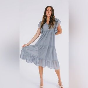 One Loved Babe NWOT M June dress Ash blue midi tiered